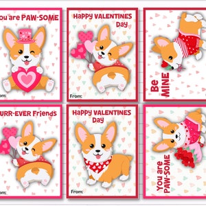 Corgi Valentines / Corgi Valentine imprimable / Carte de la Saint-Valentin pour chien Corgi / Téléchargement instantané / Saint-Valentin école pour enfants / Mignons mégots de Corgi
