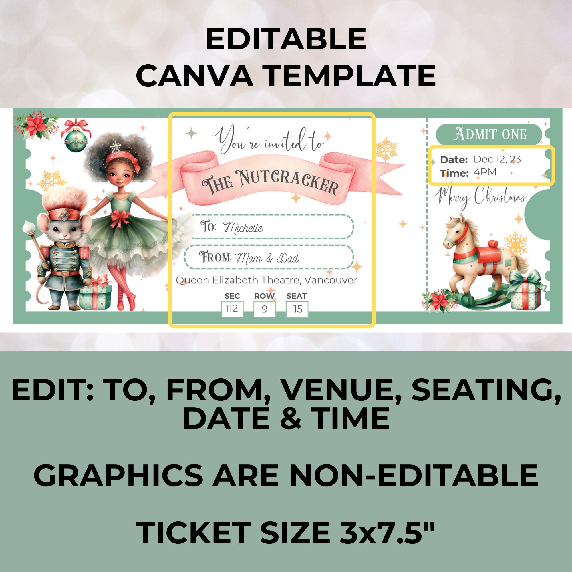 Editable Nutcracker Ticket , Personalized Nutcracker Ballet Surprise Gift Ticket Template, the