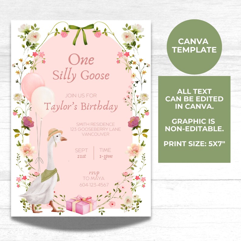 One Silly Goose Birthday Invitation, Goose Invitation, Little Goose, Silly Goose, First Birthday, One Lucky Duck Birthday Invite, Duck Party, duck first birthday, silly duck birthday, girl first birthday, goose birthday party, vintage goose invite