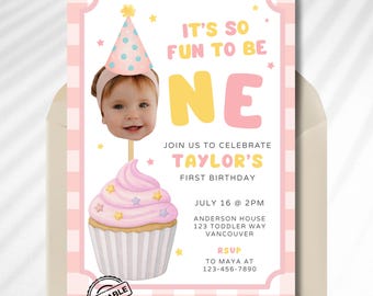 Fun To Be One Photo Girl 1st Birthday Invitation, Colorful First Birthday Invitation, Custom Photo Invitation Template, One is Fun Party Hat