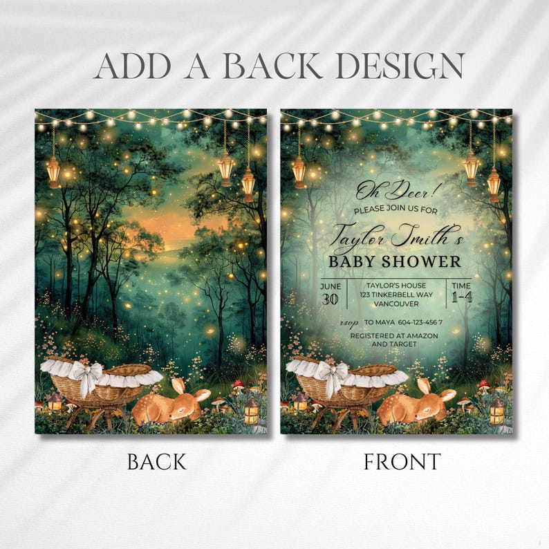 EDITABLE Woodland baby shower Invitation, Enchanted Forest Invite, magical Woodland Invite Canva, Enchanted baby shower, fairy garden, fairy lights, woodland deer party theme, magical baby shower, Enchanted Forest, Enchanted Garden Invitation Forest Fairy Garden, Woodland Garden Invite, magical Party, Emerald Green baby shower invite, oh deer baby shower, cradle, Enchanted Forest Baby Shower Invite Template Canva, Woodland Baby Shower, Oh Deer Woodland Deer Magical Baby Shower Fairy Garden