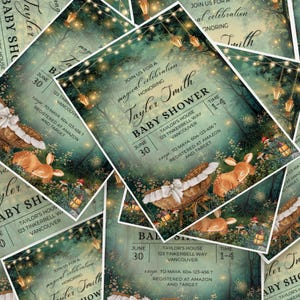 EDITABLE Woodland baby shower Invitation, Enchanted Forest Invite, magical Woodland Invite Canva, Enchanted baby shower, fairy garden, fairy lights, woodland deer party theme, magical baby shower, Enchanted Forest, Enchanted Garden Invitation Forest Fairy Garden, Woodland Garden Invite, magical Party, Emerald Green baby shower invite, oh deer baby shower, cradle, Enchanted Forest Baby Shower Invite Template Canva, Woodland Baby Shower, Oh Deer Woodland Deer Magical Baby Shower Fairy Garden