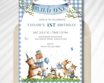 Wild One 1st Birthday Invitation Template, Editable Canva Woodland Animal Birthday, Party Animals 1st Birthday Blue Gingham Boy Birthday