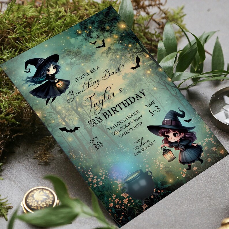 Cute Witch Invitation, Halloween Birthday Costume Party Invite, spooktacular Witch Birthday Invitation, Kids Halloween Witch Invite,Bewitching  hocuspocus,witch cauldron halloween party, witchy party,kids costume party, girls halloween birthday party