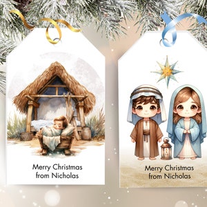 EDITABLE Kids Nativity Gift Tag, Christmas Printable Tags, Christmas Favor Tags, Holy Family, Watercolor Christmas Nativity, LDS Art