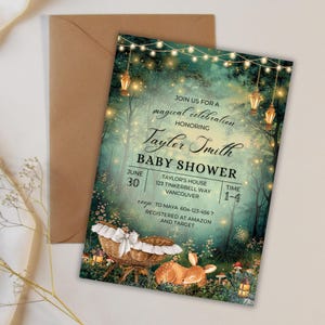 EDITABLE Woodland baby shower Invitation, Enchanted Forest Invite, magical Woodland Invite Canva, Enchanted baby shower, fairy garden, fairy lights, woodland deer party theme, magical baby shower, Enchanted Forest, Enchanted Garden Invitation Forest Fairy Garden, Woodland Garden Invite, magical Party, Emerald Green baby shower invite, oh deer baby shower, cradle, Enchanted Forest Baby Shower Invite Template Canva, Woodland Baby Shower, Oh Deer Woodland Deer Magical Baby Shower Fairy Garden