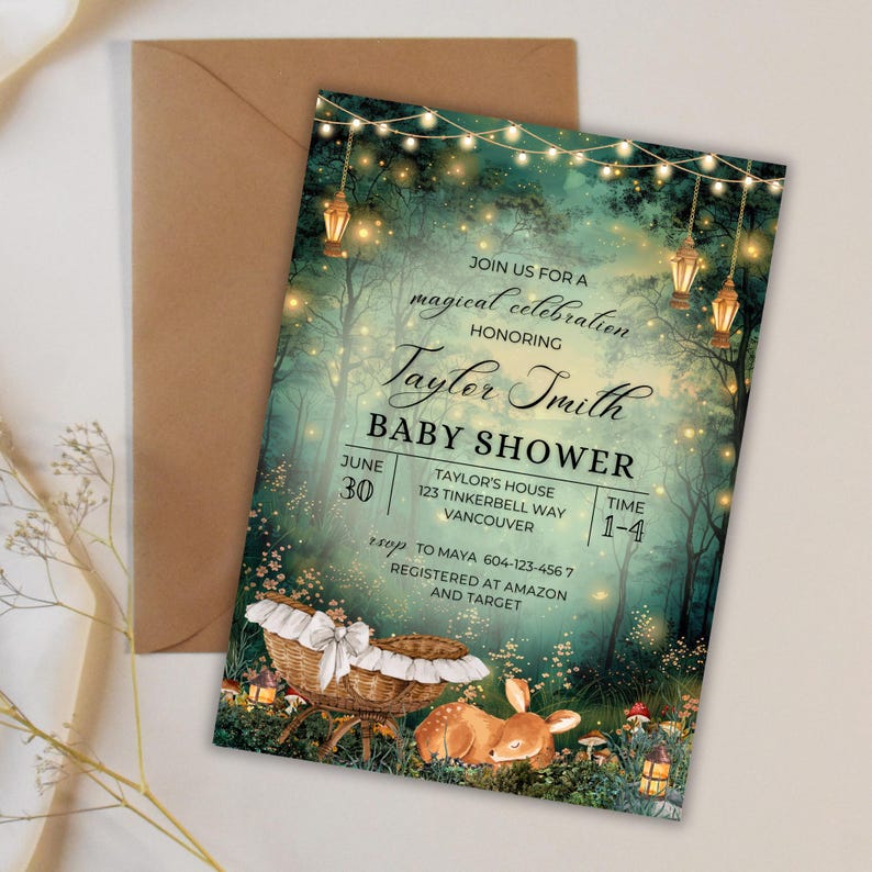 EDITABLE Woodland baby shower Invitation, Enchanted Forest Invite, magical Woodland Invite Canva, Enchanted baby shower, fairy garden, fairy lights, woodland deer party theme, magical baby shower, Enchanted Forest, Enchanted Garden Invitation Forest Fairy Garden, Woodland Garden Invite, magical Party, Emerald Green baby shower invite, oh deer baby shower, cradle, Enchanted Forest Baby Shower Invite Template Canva, Woodland Baby Shower, Oh Deer Woodland Deer Magical Baby Shower Fairy Garden