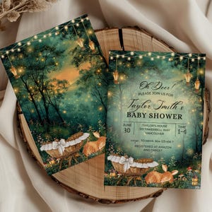 EDITABLE Woodland baby shower Invitation, Enchanted Forest Invite, magical Woodland Invite Canva, Enchanted baby shower, fairy garden, fairy lights, woodland deer party theme, magical baby shower, Enchanted Forest, Enchanted Garden Invitation Forest Fairy Garden, Woodland Garden Invite, magical Party, Emerald Green baby shower invite, oh deer baby shower, cradle, Enchanted Forest Baby Shower Invite Template Canva, Woodland Baby Shower, Oh Deer Woodland Deer Magical Baby Shower Fairy Garden