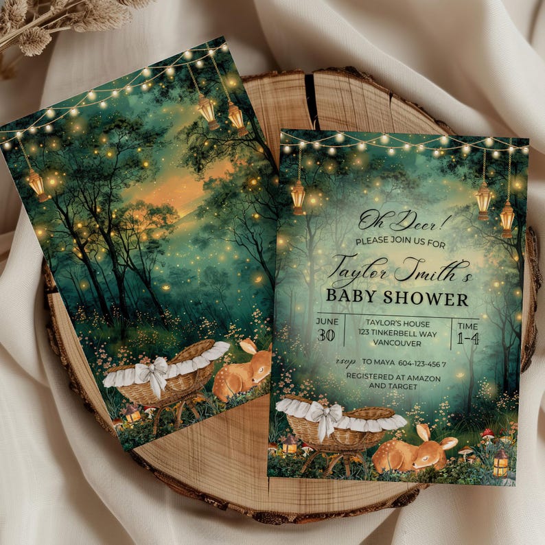 EDITABLE Woodland baby shower Invitation, Enchanted Forest Invite, magical Woodland Invite Canva, Enchanted baby shower, fairy garden, fairy lights, woodland deer party theme, magical baby shower, Enchanted Forest, Enchanted Garden Invitation Forest Fairy Garden, Woodland Garden Invite, magical Party, Emerald Green baby shower invite, oh deer baby shower, cradle, Enchanted Forest Baby Shower Invite Template Canva, Woodland Baby Shower, Oh Deer Woodland Deer Magical Baby Shower Fairy Garden
