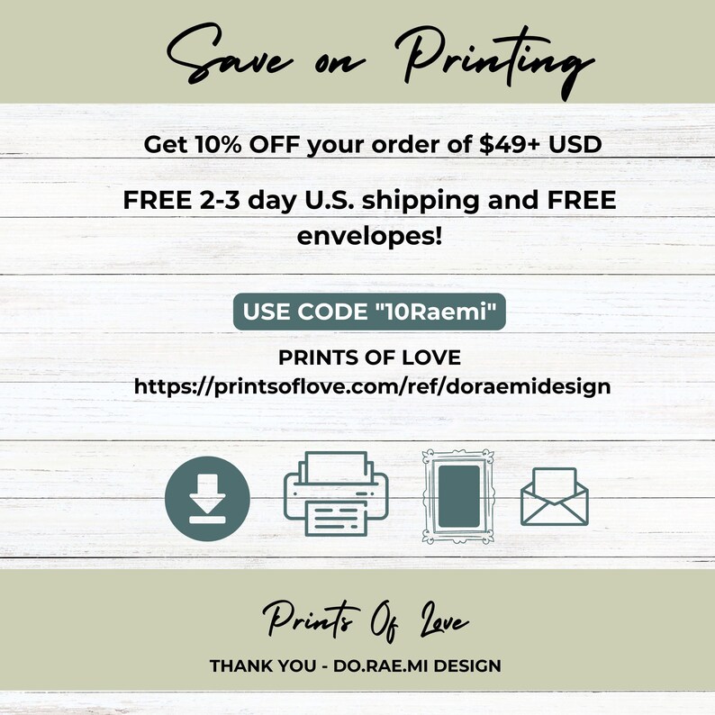 Pode incluir: Gr&aacute;fico promocional com o texto "Save on Printing" em fonte cursiva. A imagem inclui o texto "Get 10% OFF your order of $49+ USD" e "FREE 2-3 day U.S. shipping and FREE envelopes!" Tamb&eacute;m inclui o texto "USE CODE '10Raemi'" e um endere&ccedil;o web.
