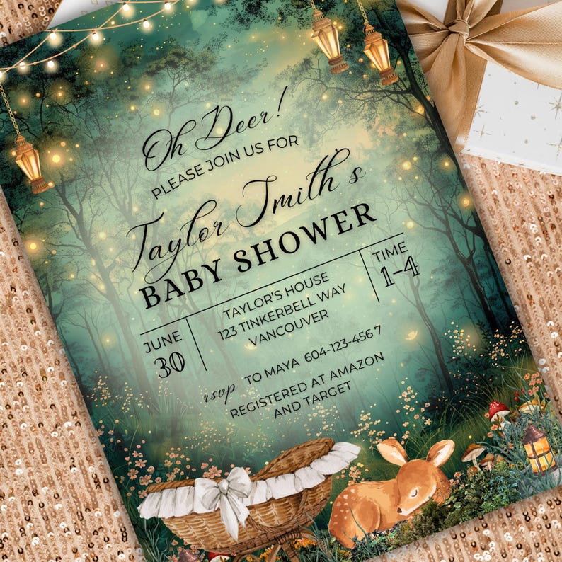 EDITABLE Woodland baby shower Invitation, Enchanted Forest Invite, magical Woodland Invite Canva, Enchanted baby shower, fairy garden, fairy lights, woodland deer party theme, magical baby shower, Enchanted Forest, Enchanted Garden Invitation Forest Fairy Garden, Woodland Garden Invite, magical Party, Emerald Green baby shower invite, oh deer baby shower, cradle, Enchanted Forest Baby Shower Invite Template Canva, Woodland Baby Shower, Oh Deer Woodland Deer Magical Baby Shower Fairy Garden