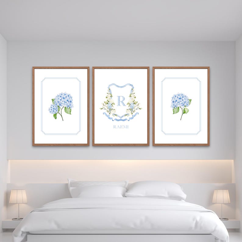 Personalized Watercolor Blue Hydrangea Nursery, Initial Print for ...