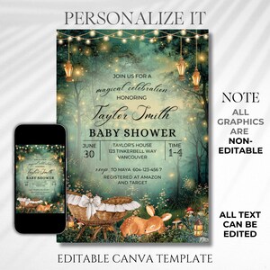EDITABLE Woodland baby shower Invitation, Enchanted Forest Invite, magical Woodland Invite Canva, Enchanted baby shower, fairy garden, fairy lights, woodland deer party theme, magical baby shower, Enchanted Forest, Enchanted Garden Invitation Forest Fairy Garden, Woodland Garden Invite, magical Party, Emerald Green baby shower invite, oh deer baby shower, cradle, Enchanted Forest Baby Shower Invite Template Canva, Woodland Baby Shower, Oh Deer Woodland Deer Magical Baby Shower Fairy Garden