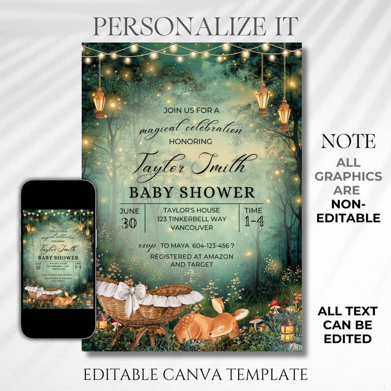 EDITABLE Woodland baby shower Invitation, Enchanted Forest Invite, magical Woodland Invite Canva, Enchanted baby shower, fairy garden, fairy lights, woodland deer party theme, magical baby shower, Enchanted Forest, Enchanted Garden Invitation Forest Fairy Garden, Woodland Garden Invite, magical Party, Emerald Green baby shower invite, oh deer baby shower, cradle, Enchanted Forest Baby Shower Invite Template Canva, Woodland Baby Shower, Oh Deer Woodland Deer Magical Baby Shower Fairy Garden