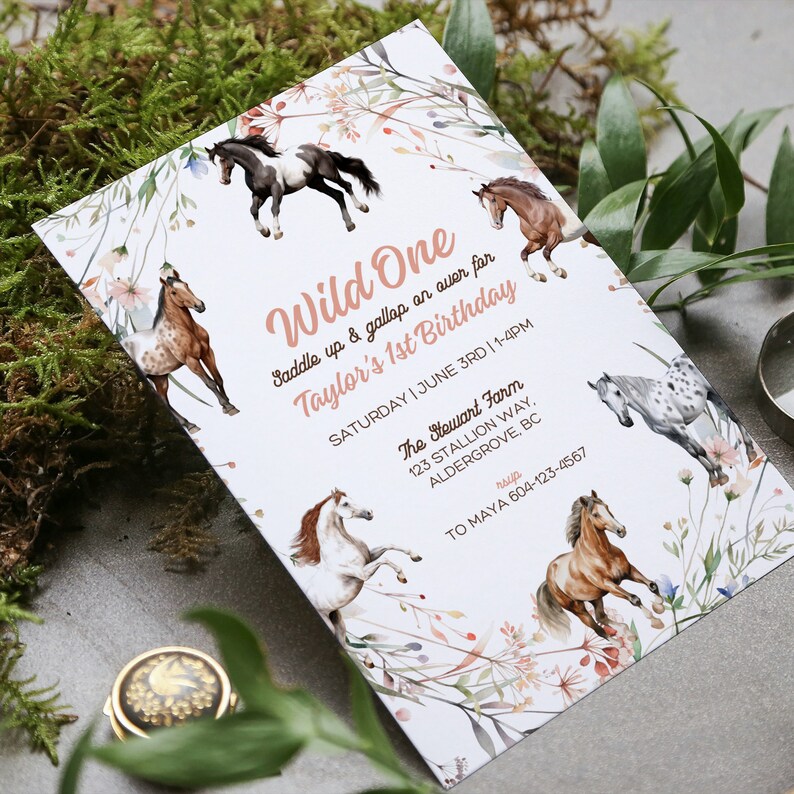 EDITABLE Floral Horse Birthday Invitation Template, Girl Saddle Up Invite, Cowgirl Party Horse Invite, Pink Floral Equestrian Birthday Party, Wildflower Horse Invite, editable canva invitation, canva template, pony party, girl birthday party invite