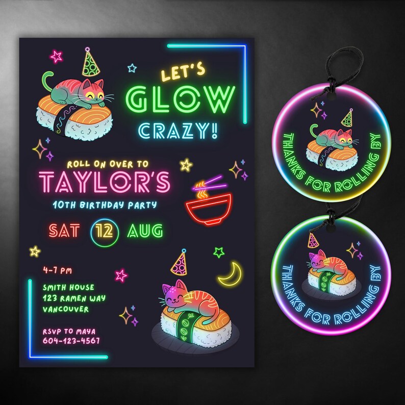 EDITABLE Sushi Birthday Invite, Japanese Party, Wasabi, Kawaii Sushi Invitation, cute sushi, printable invitation, DIY card, instant download invite, kawaii invitation, Canva template, Glow Party Invite, Sushi Birthday Invite, Glow Invitation Sushi Cat Birthday, Neon Invitation, Sushi Party, Neon Birthday Party, Kawaii Cat, Electronic Invite, color party invite, ramen, glow sticks, thank you tags, sushi favor tags, cat favor tags, neon cat, neon sushi, kawaii party