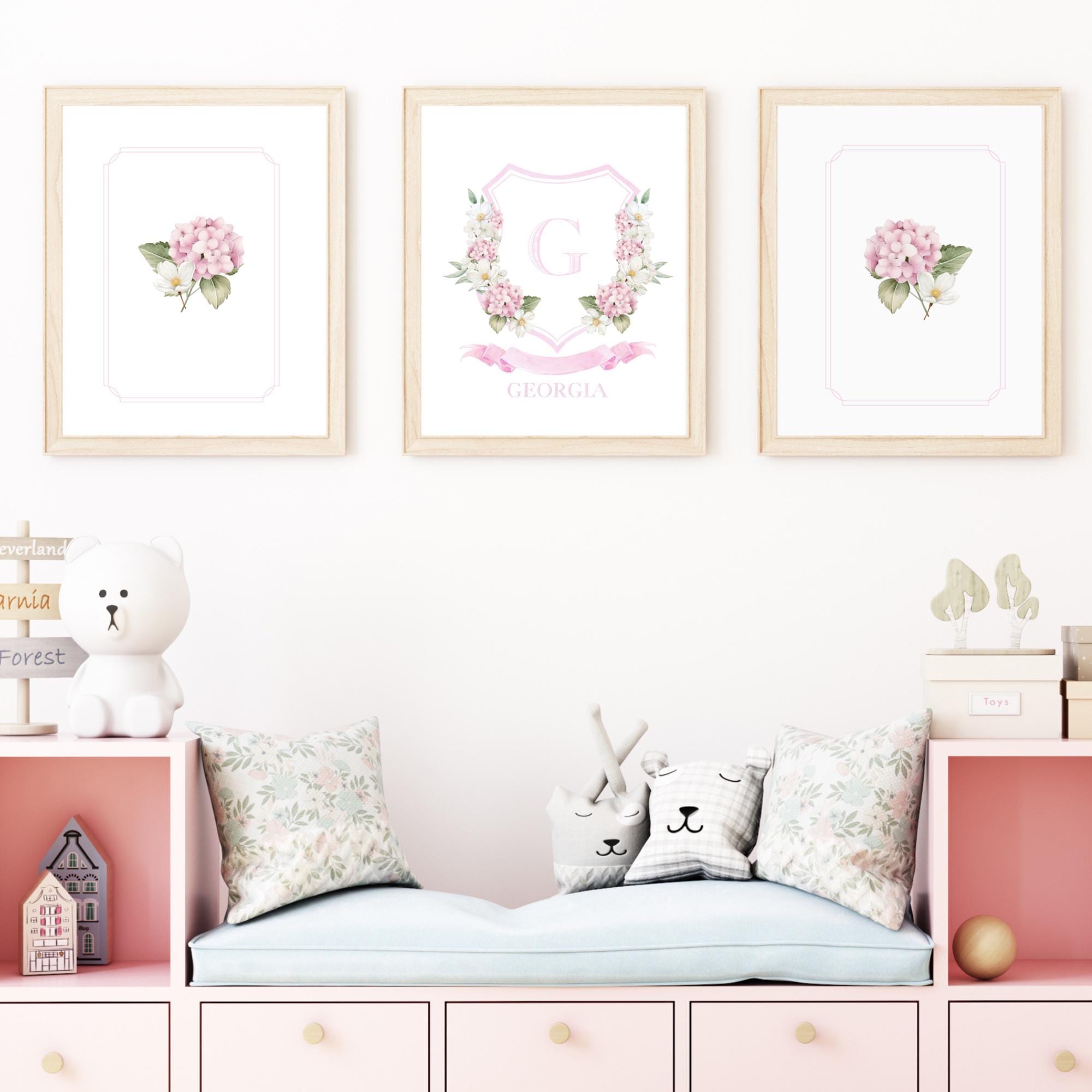 Personalized Watercolor Pink Hydrangea Nursery, Initial Print for ...