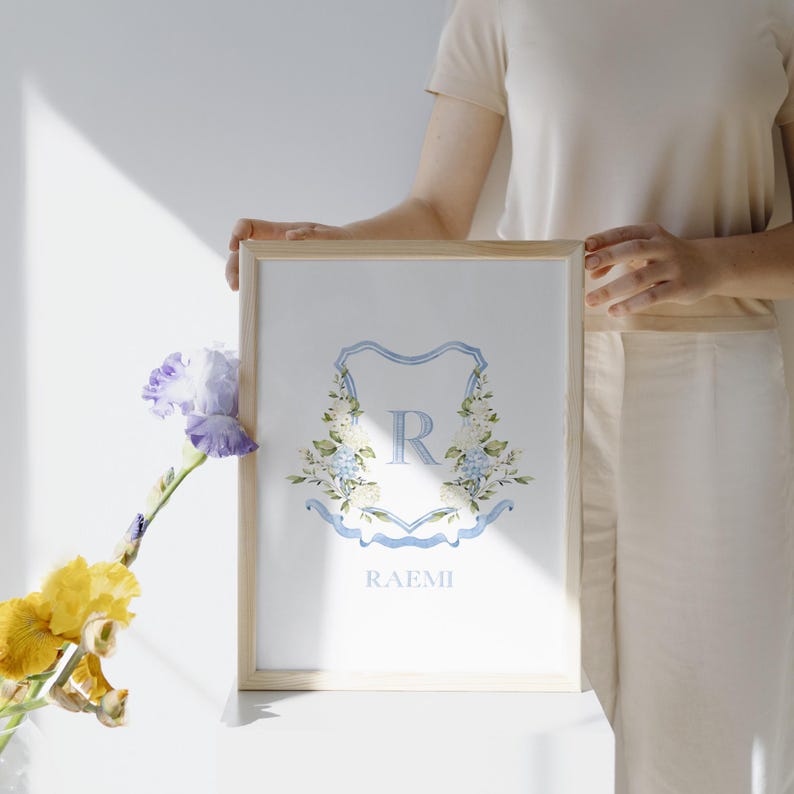 Personalized Watercolor Blue Hydrangea Nursery, Initial Print for ...