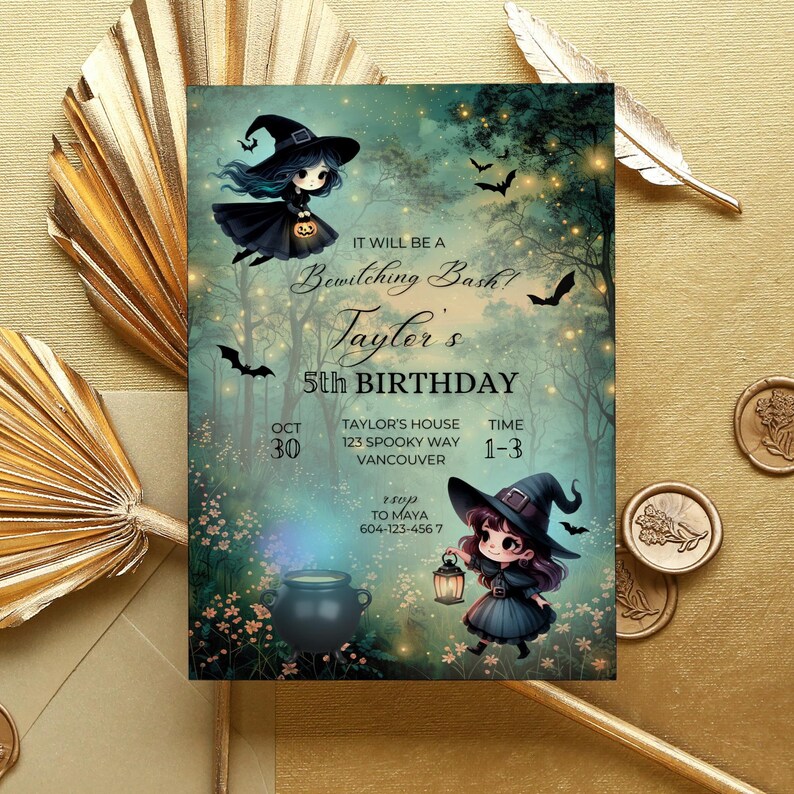 Cute Witch Invitation, Halloween Birthday Costume Party Invite, spooktacular Witch Birthday Invitation, Kids Halloween Witch Invite,Bewitching  hocuspocus,witch cauldron halloween party, witchy party,kids costume party, girls halloween birthday party