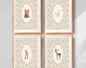 Bunny Nursery Print Set, Duck Nursery Print, Bear Deer Woodland Nursery, Neutral Nursery Decor, Vintage Nursery Decor, Cottagecore Nursery