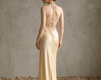 Robe longue dos nu en soie, robe de soirée élégante pour invitée de mariage, robe de soirée élégante à dos nu