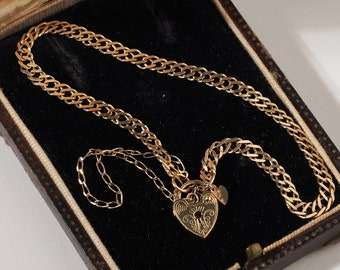 Vintage 9ct Yellow Gold Heart Padlock Curb Link Chain Bracelet, 19cm 7.5" Long 4mm Wide
