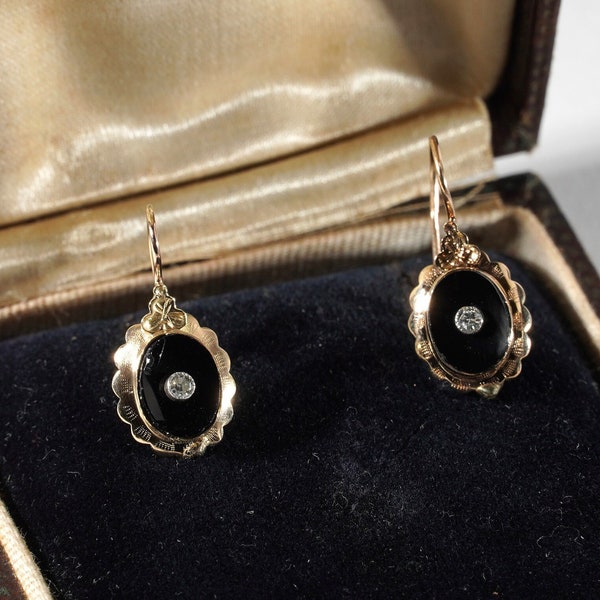 Antique Victorian 14ct Gold Old Cut Diamond Onyx Drop Earrings