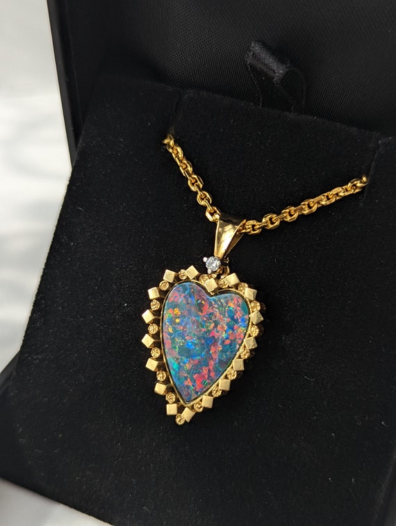 Vintage Black Opal Doublet Heart Diamond 18ct Gol… - image 1