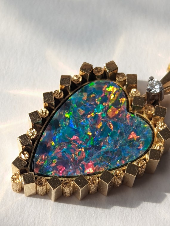 Vintage Black Opal Doublet Heart Diamond 18ct Gol… - image 7