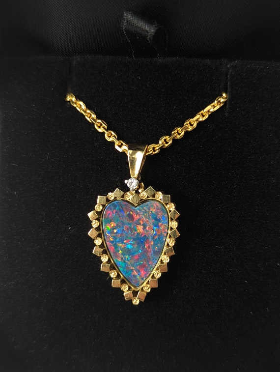 Vintage Black Opal Doublet Heart Diamond 18ct Gol… - image 4