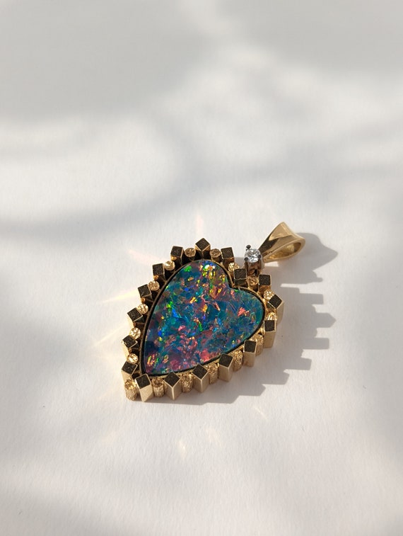 Vintage Black Opal Doublet Heart Diamond 18ct Gol… - image 5