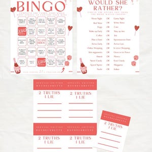 May include: Special edition bachelorette party game set. Includes bingo, "Would She Rather?", and "2 Truths & 1 Lie" cards. The games are printed on white cardstock with red accents and text. Perfect for a bridal shower or bachelorette party.