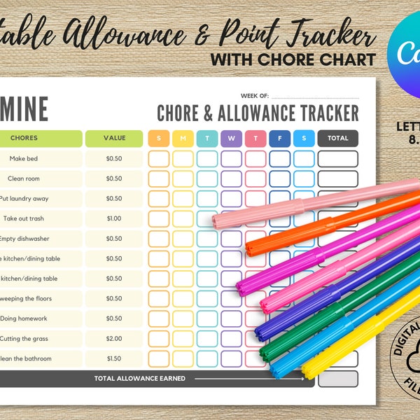 Editable Allowance & Point Tracker with Chore Tracker for Kids, Editable Canva Template Chore Tracker, Printable Blank Chore Tracker