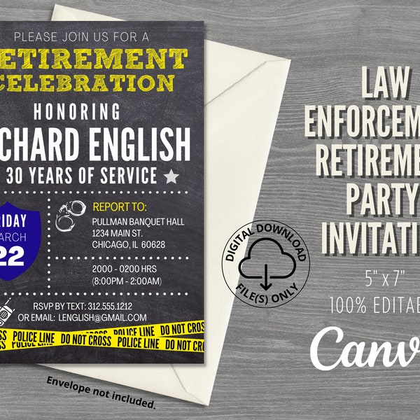 Editable Retirement Party Invitation with Law Enforcement Theme in Canva, Printable Retirement Invitation, Retired Police Officer Invitation