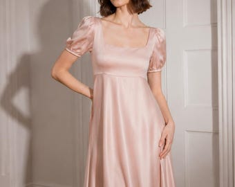 Robe régence en soie, robe longue en satin taille empire, robe de soirée à manches bouffantes, robe romantique inspirée de Jane Austen