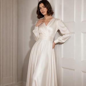 ivory silk long sleeve dress Ivory Maxi Dress - Satin Wrap Dress - Wrap Maxi Dress
