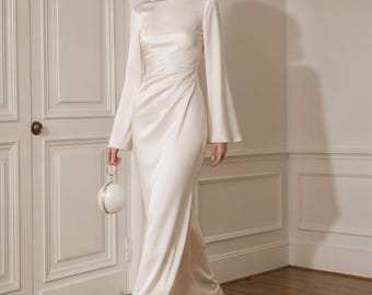 Zijden maxi-jurk, satijnen trouwjurk met lange mouwen, elegante avondjurk met boothals