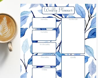 Weekly Planner Printable, Blue Leaves, Weekly Planner, Desk Weekly Planner, To Do List, Weekly Schedule, Printable Planner