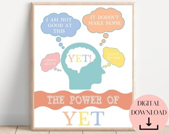 The Power Of Yet, Growth Mindset Poster, Classroom Poster, School Psychologist, School Counselor, Therapy Office Decor, Mental Health Print