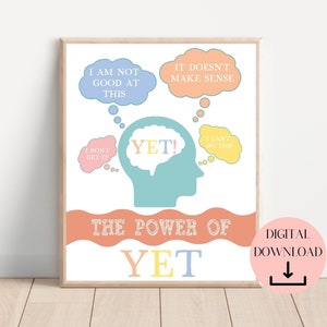 The Power Of Yet, Growth Mindset Poster, Classroom Poster, School Psychologist, School Counselor, Therapy Office Decor, Mental Health Print