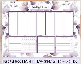 Weekly Planner Printable, Lilac Leaves, Desk Weekly Planner, Habit Tracker, To Do List, Printable Planner, Weekly Schedule, Weekly Agenda