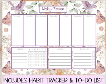 Weekly Planner Printable, Floral Weekly Planner Print, Desk Weekly Planner, Weekly Schedule, Habit Tracker, To Do List, 2022 Weekly Planner