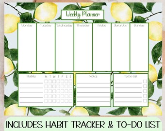 Weekly Planner Printable, Lemon Weekly Planner, Desk Weekly Planner, Habit Tracker Print, To Do List Print, Weekly Schedule