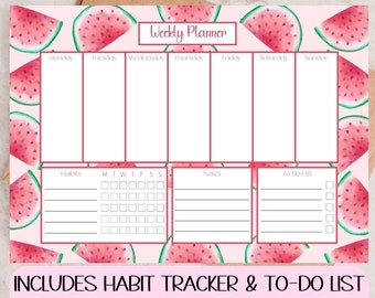 Weekly Planner Printable, Watermelon, Habit Tracker, To Do List, Desk Weekly Planner, Weekly Schedule