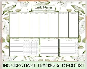 Weekly Planner Printable, White Floral and Leaves, Desk Weekly Planner, Weekly Schedule, Habit Tracker, To Do List, 2022 Weekly Planner