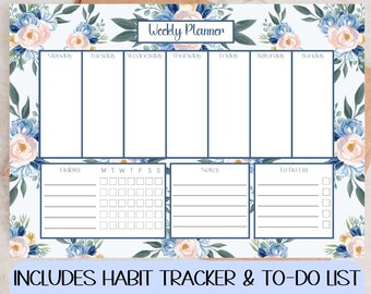 Weekly Planner Printable, Peony Weekly Planner, Desk Weekly Planner, Weekly Schedule, Habit Tracker, To Do List, 2022 Weekly Planner