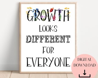 Growth Looks Different, Growth Mindset Poster, School Psychologist, School Counselor, Classroom Decor Elementary, Therapy Office Decor