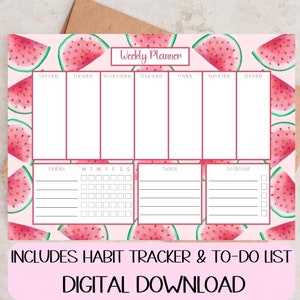 Wochenplaner druckbar, Wassermelone, Habit Tracker, To Do Liste, Schreibtisch Wochenplaner, Wochenplan