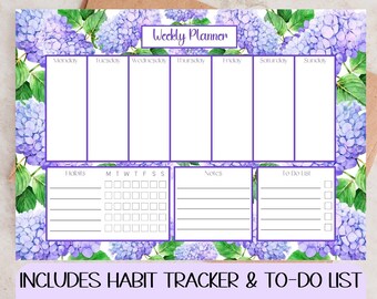 Weekly Planner Printable, Hydrangea Weekly Planner, Desk Weekly Planner, Weekly Schedule, Habit Tracker, To Do List, 2022 Weekly Planner