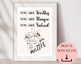 You Are Worthy, Decoración de la oficina de terapia, Arte de la pared de afirmación, Psicólogo escolar, Impresión de salud mental, Consejero escolar, Impresión de amor propio